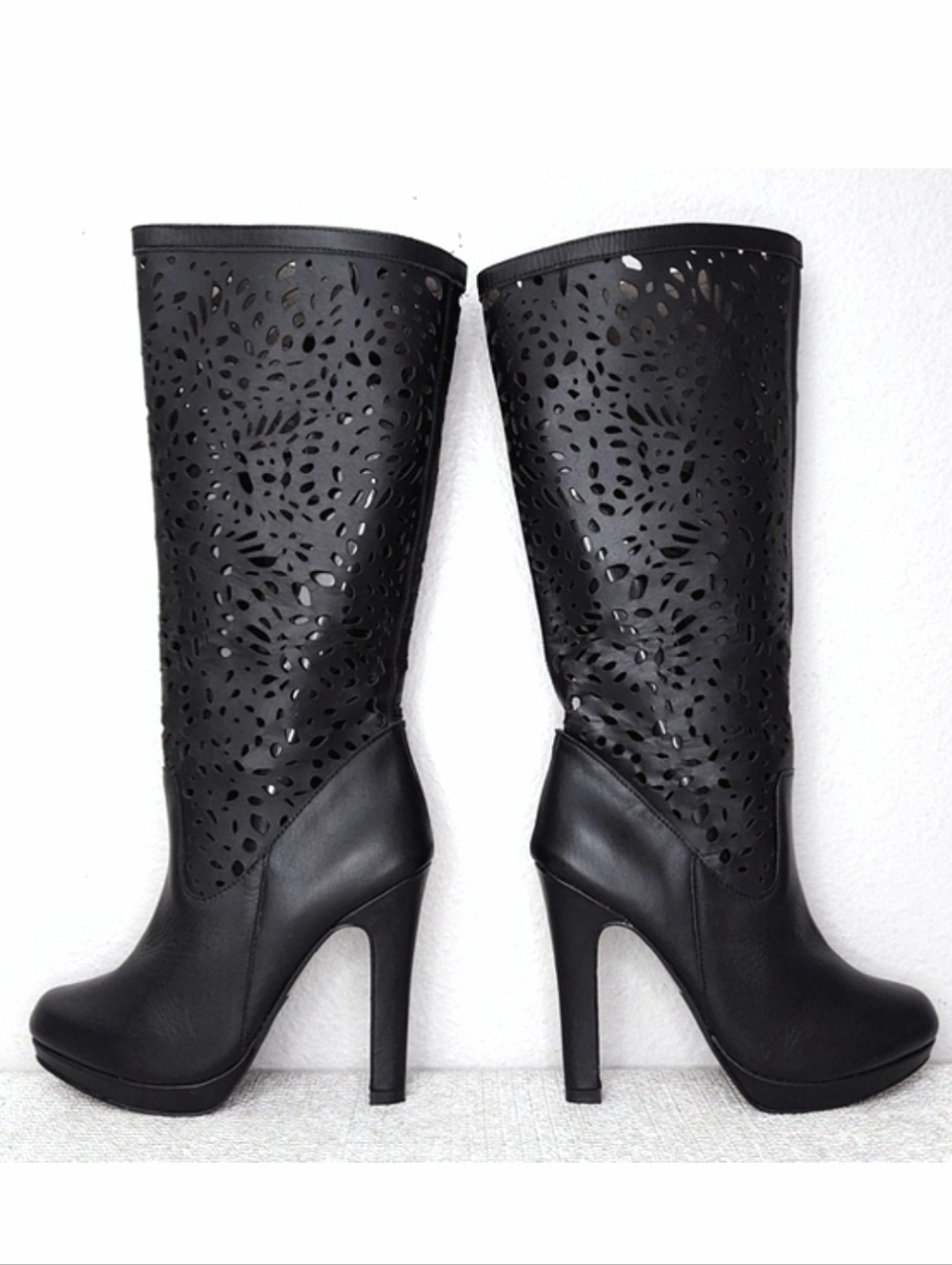 Colin Stuart Laser Cut-Out Leather Boots US 6.5 Black Tall Heeled